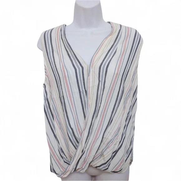 LIZ CLAIBORNE Wrap Blouse Sleeveless Striped White Blue Blush Crossover Medium - Picture 6 of 11